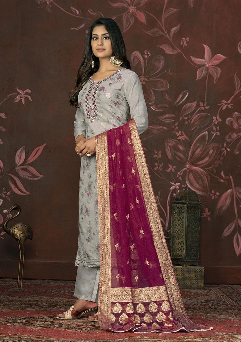 Grey Printed Organza Dress Material