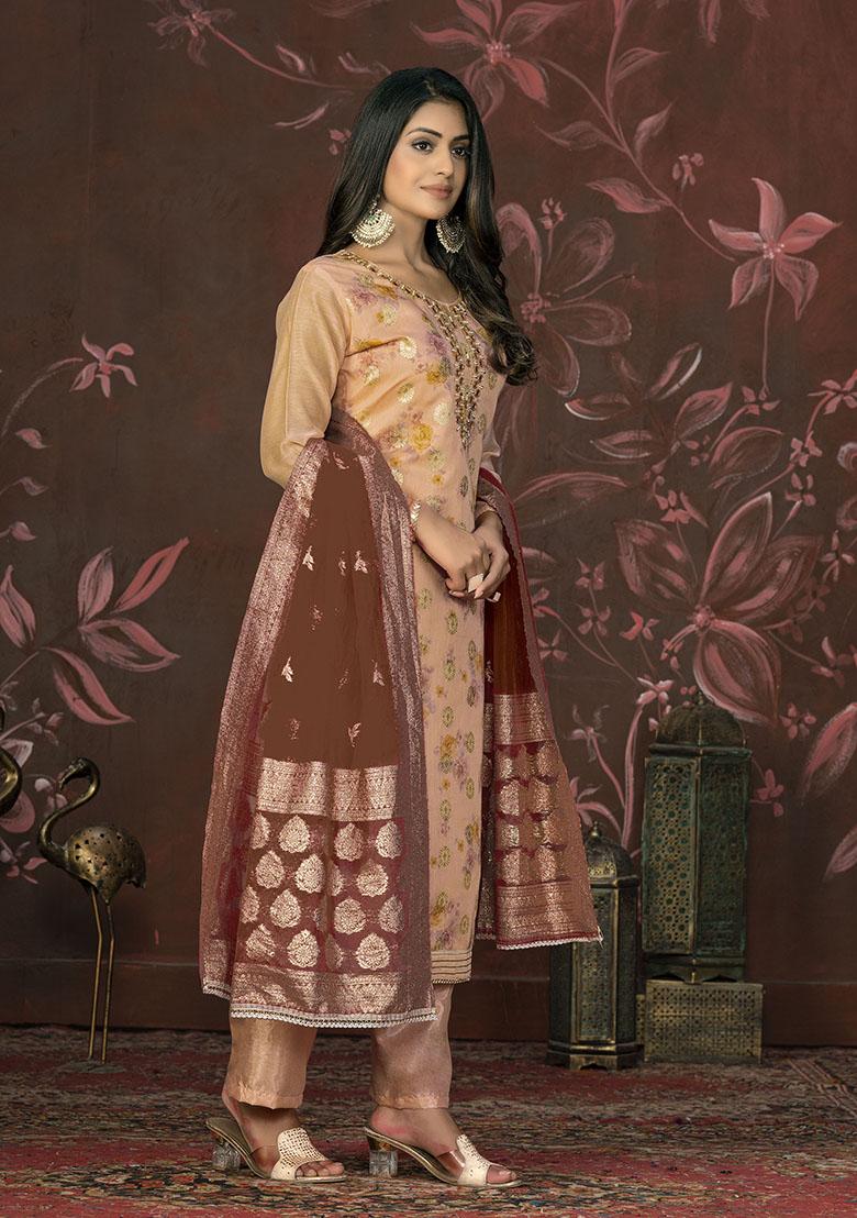 Peach Printed Organza Dress Material