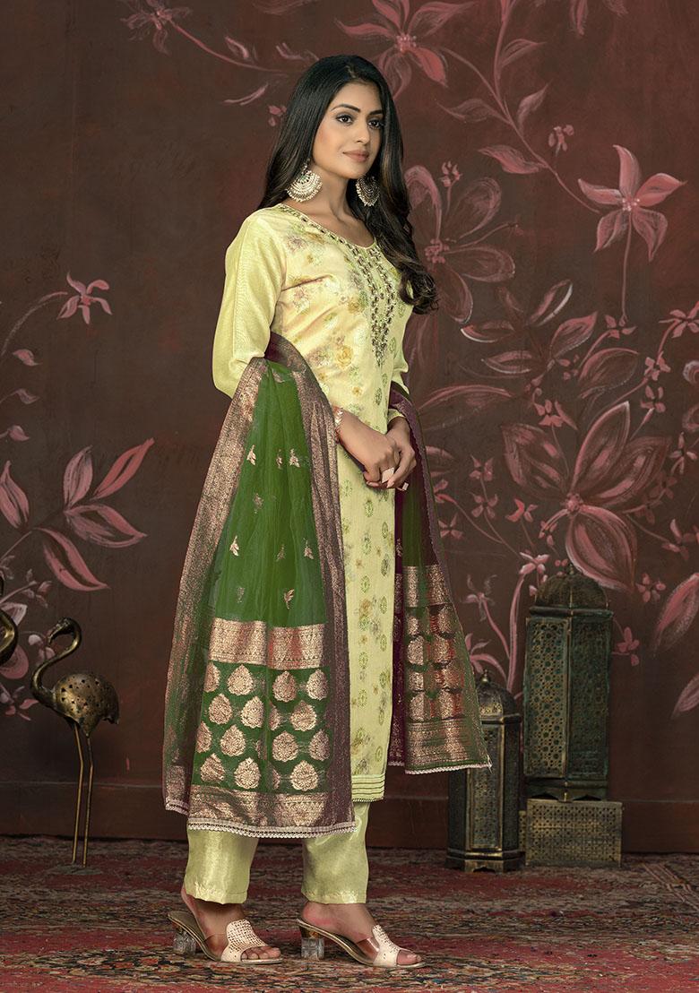 Yellow Printed Organza Dress Material