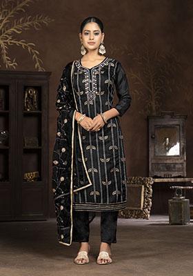 Black Printed Organza Dress Material