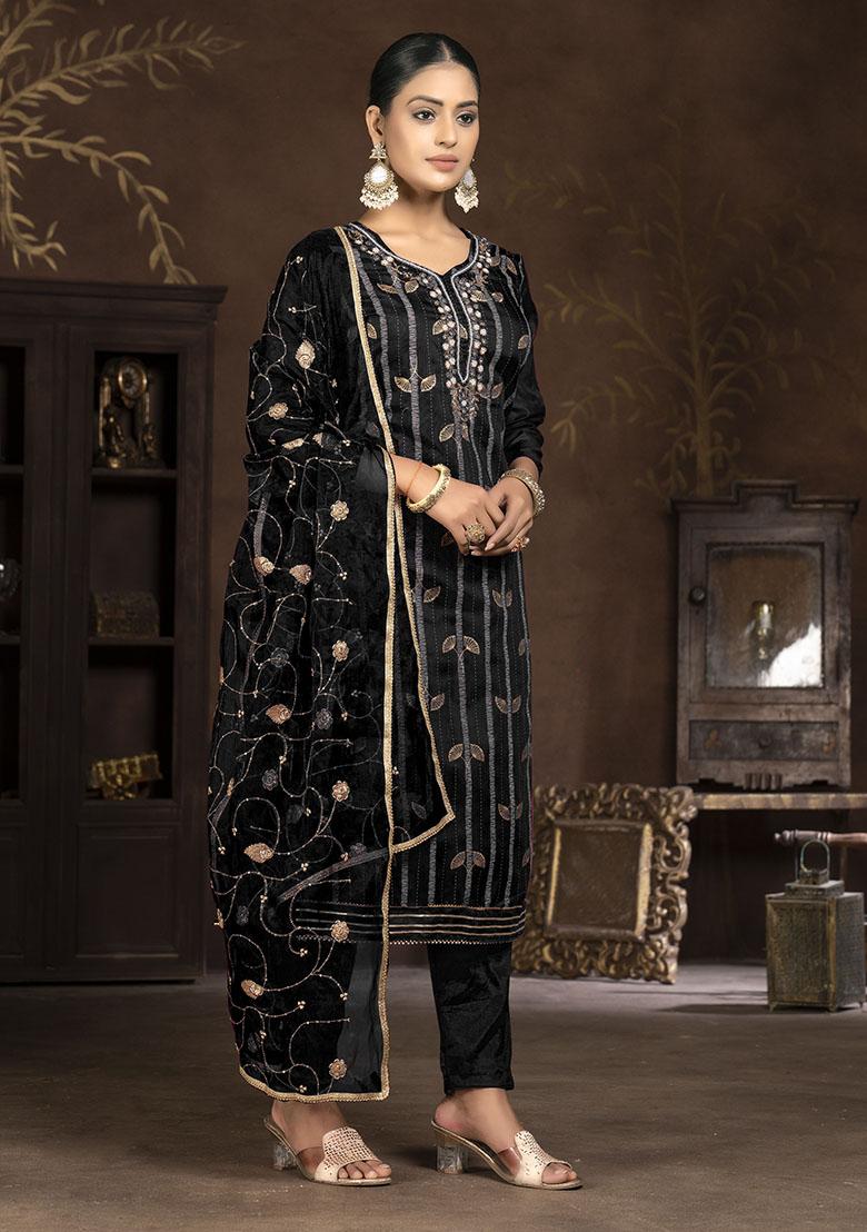 Black Printed Organza Dress Material