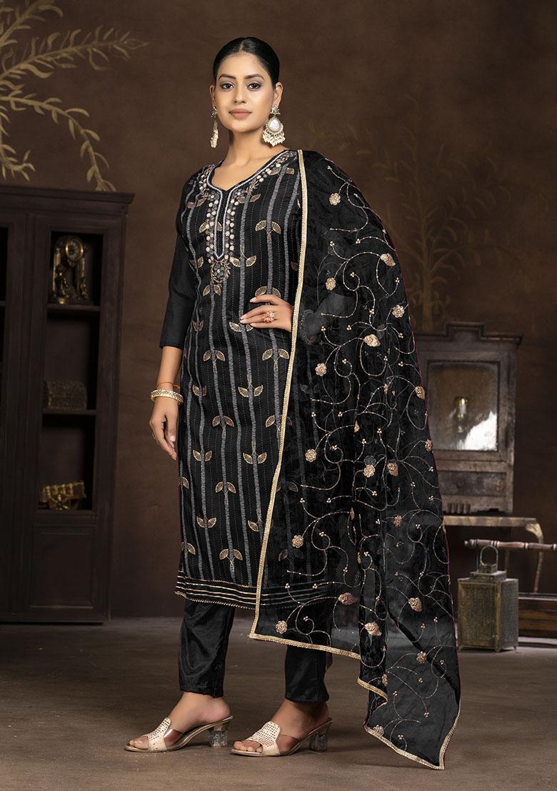 Black Printed Organza Dress Material