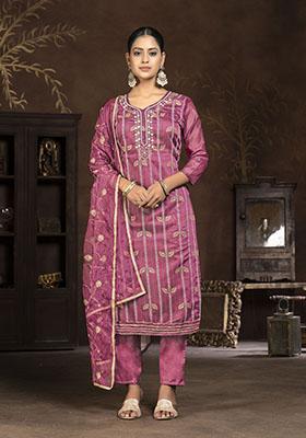 Peach Printed Organza Dress Material