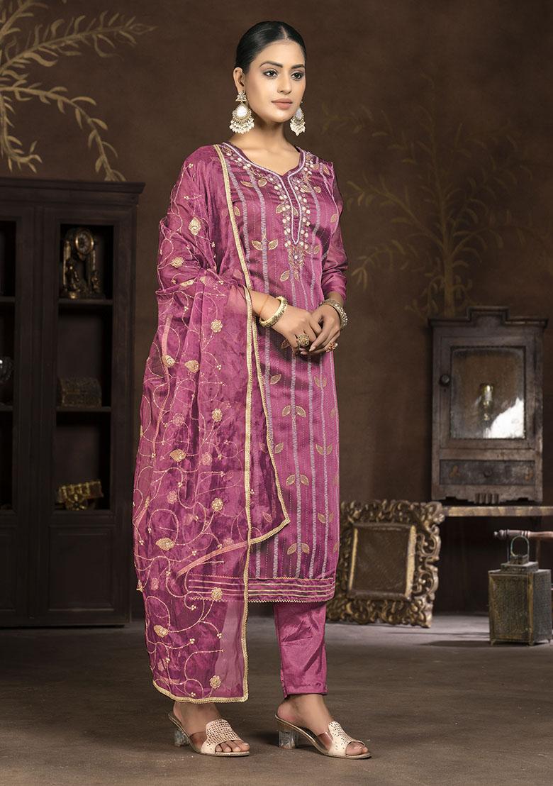 Peach Printed Organza Dress Material