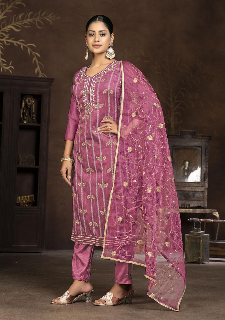 Peach Printed Organza Dress Material