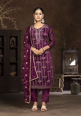 Wine Printed Organza Dress Material