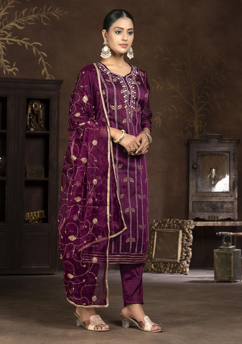 Wine Printed Organza Dress Material