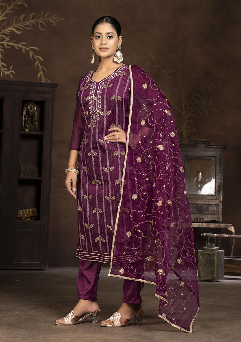 Wine Printed Organza Dress Material