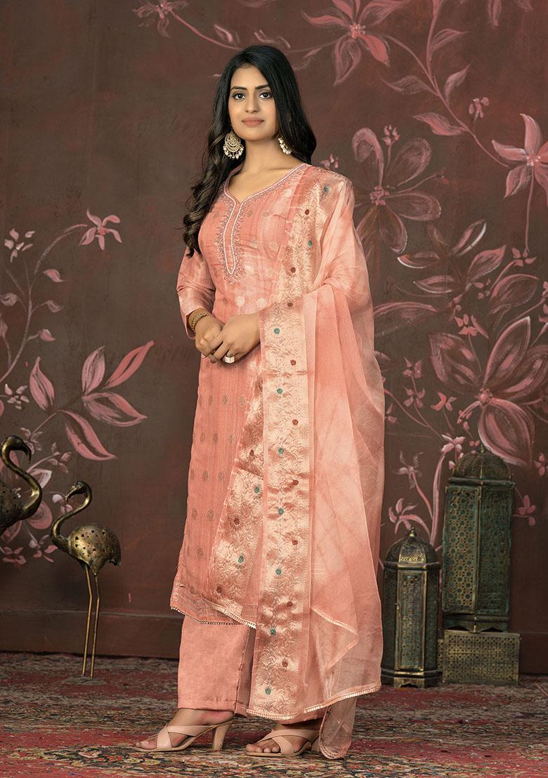 Peach Printed Organza Dress Material