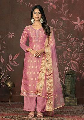 Pink Printed Organza Dress Material