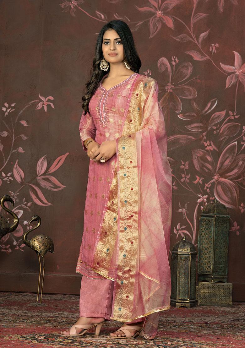 Pink Printed Organza Dress Material