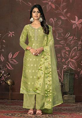 Pista Green Printed Organza Dress Material