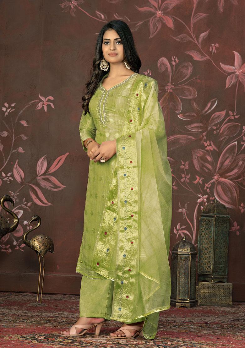 Pista Green Printed Organza Dress Material