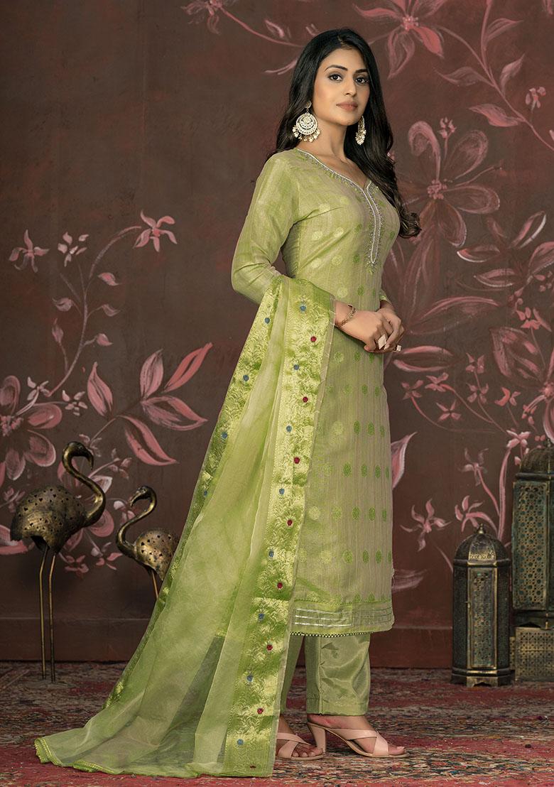 Pista Green Printed Organza Dress Material