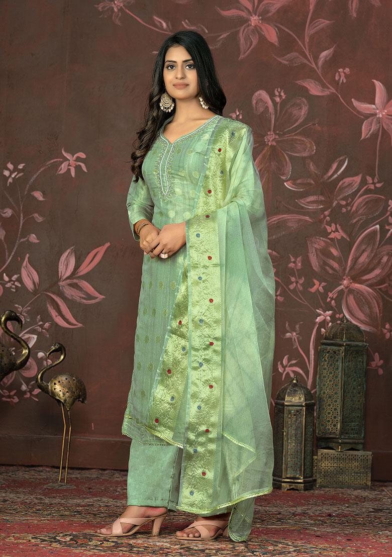 Turquoise Blue Printed Organza Dress Material