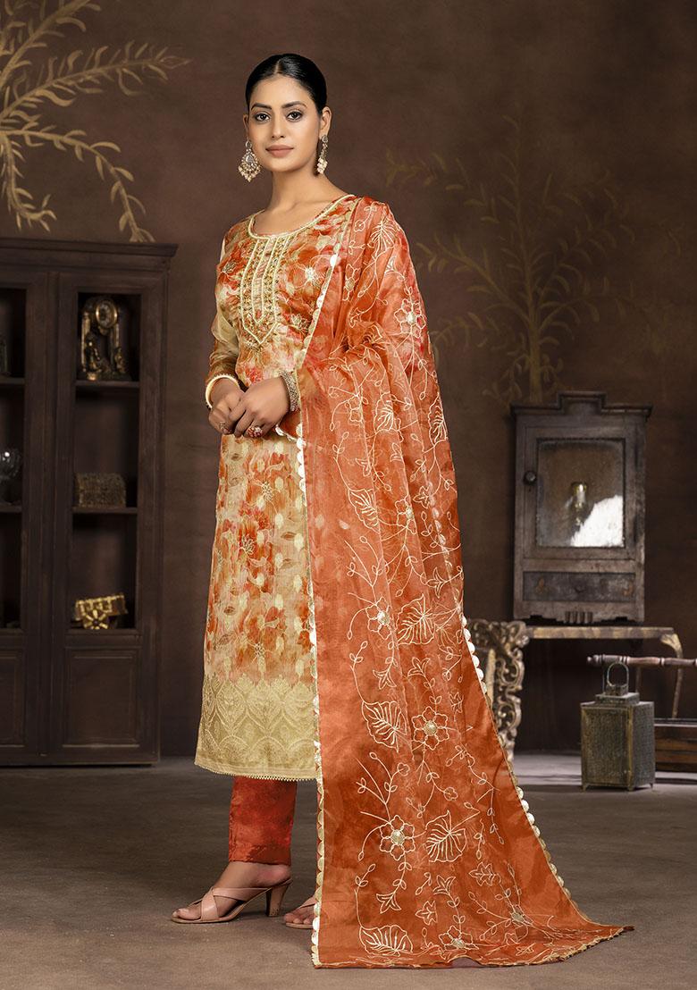 Orange Printed Organza Dress Material