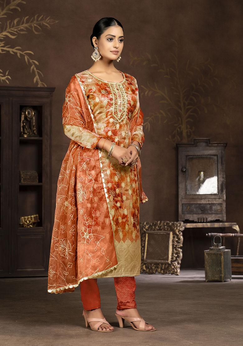 Orange Printed Organza Dress Material