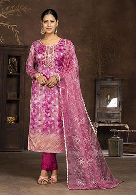 Rani Pink Printed Organza Dress Material