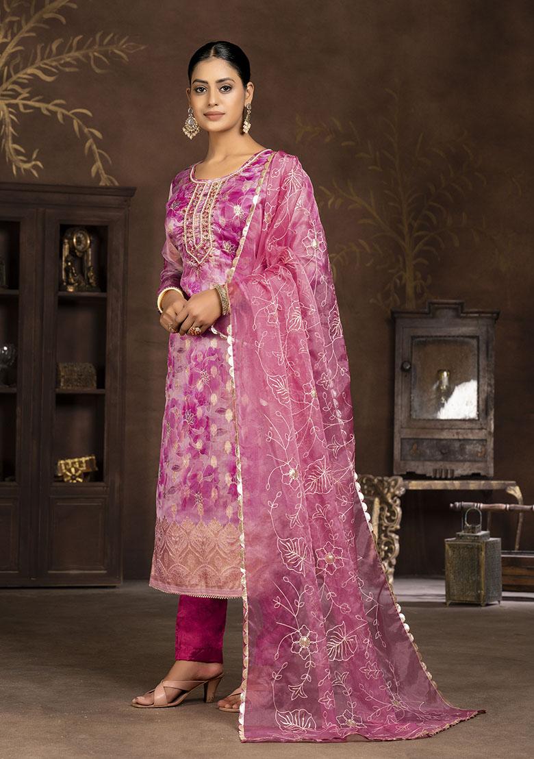 Rani Pink Printed Organza Dress Material