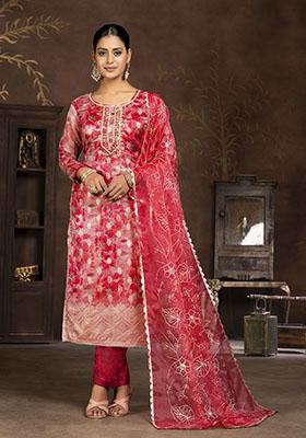 Red Printed Organza Dress Material