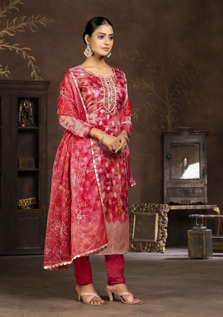 Red Printed Organza Dress Material