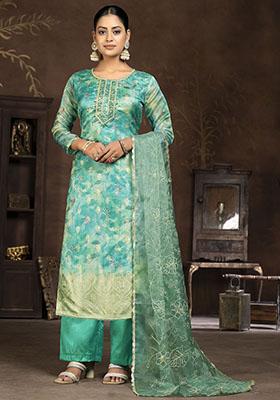 Turquoise Blue Printed Organza Dress Material