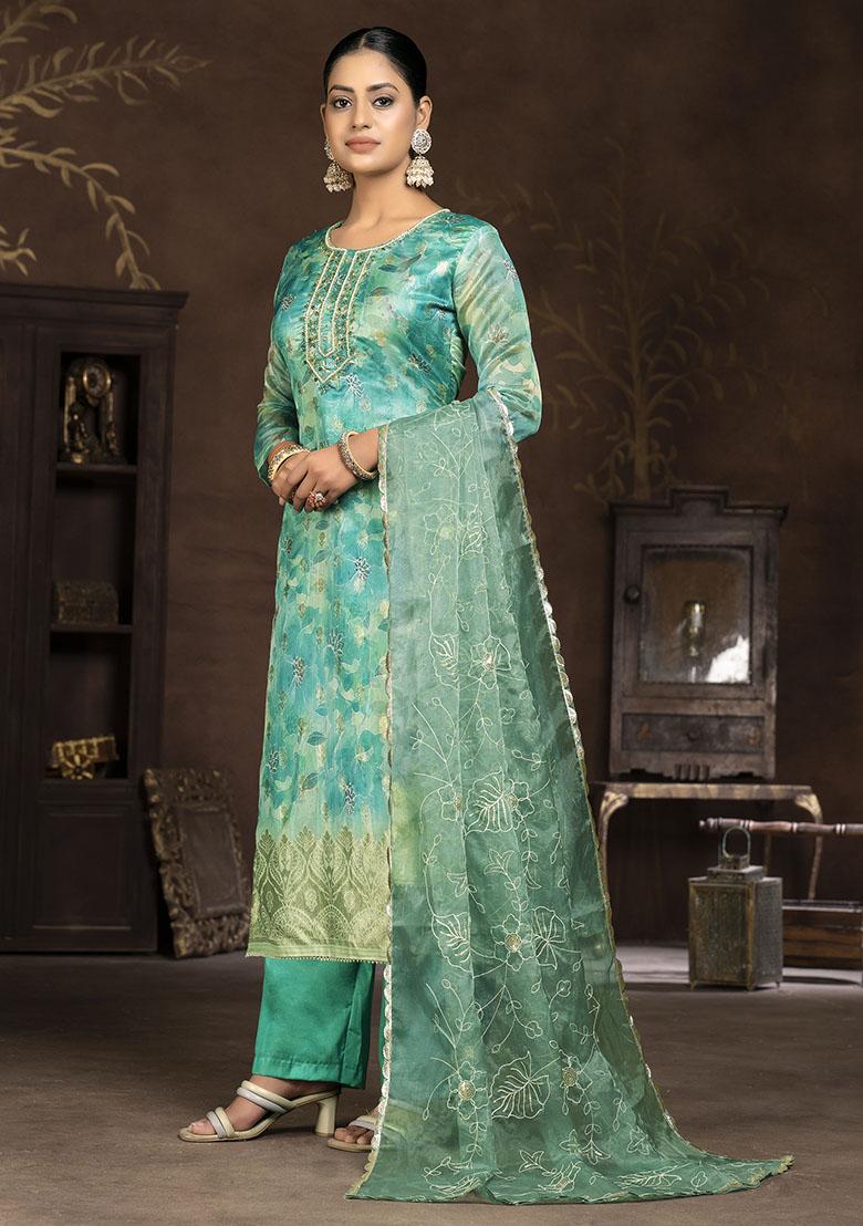 Turquoise Blue Printed Organza Dress Material