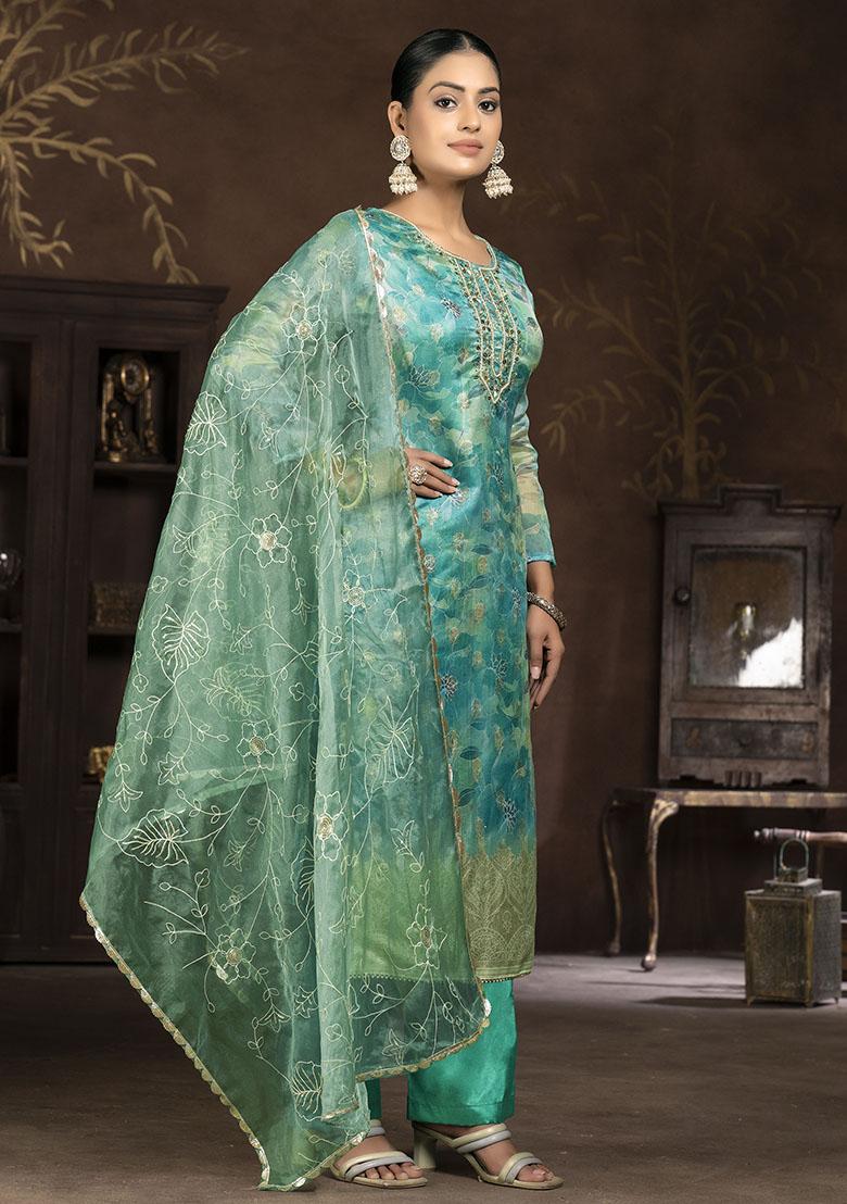 Turquoise Blue Printed Organza Dress Material