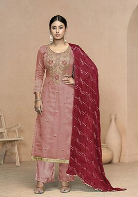 Orange Printed Organza Dress Material