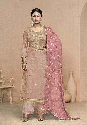 Peach Printed Organza Dress Material