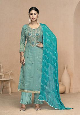 Turquoise Blue Printed Organza Dress Material