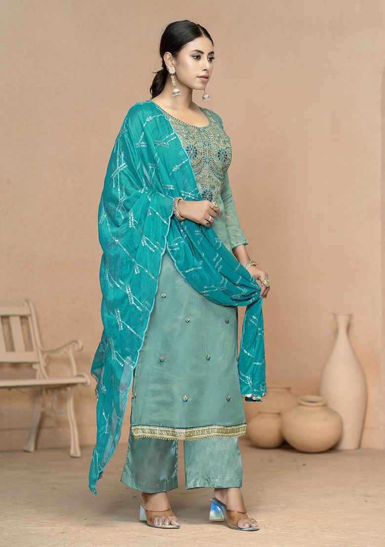 Turquoise Blue Printed Organza Dress Material