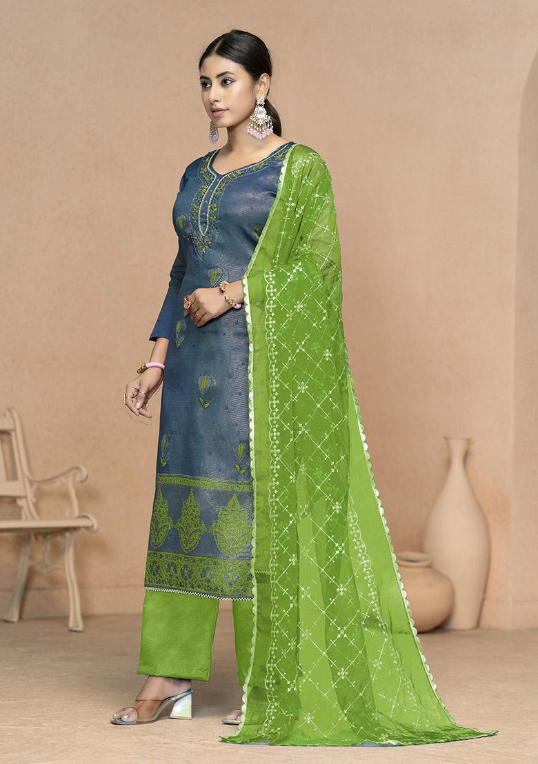 Navy Blue Printed Organza Dress Material