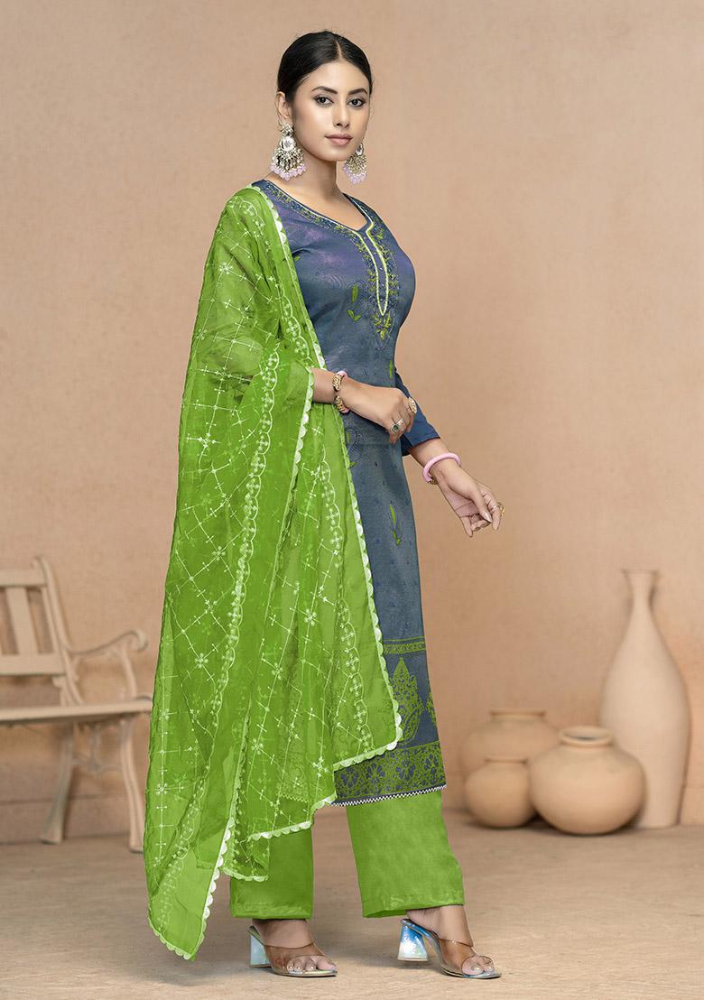 Navy Blue Printed Organza Dress Material