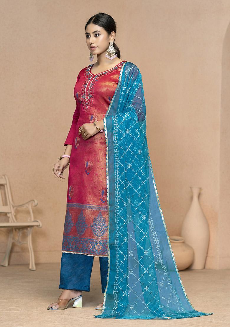 Rani Pink Printed Organza Dress Material