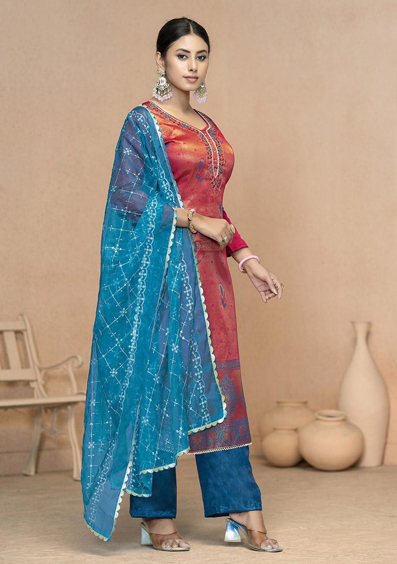 Rani Pink Printed Organza Dress Material