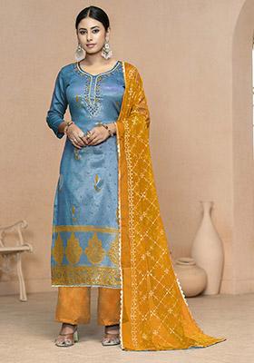 Royal Blue Printed Organza Dress Material