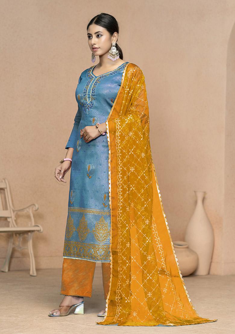 Royal Blue Printed Organza Dress Material