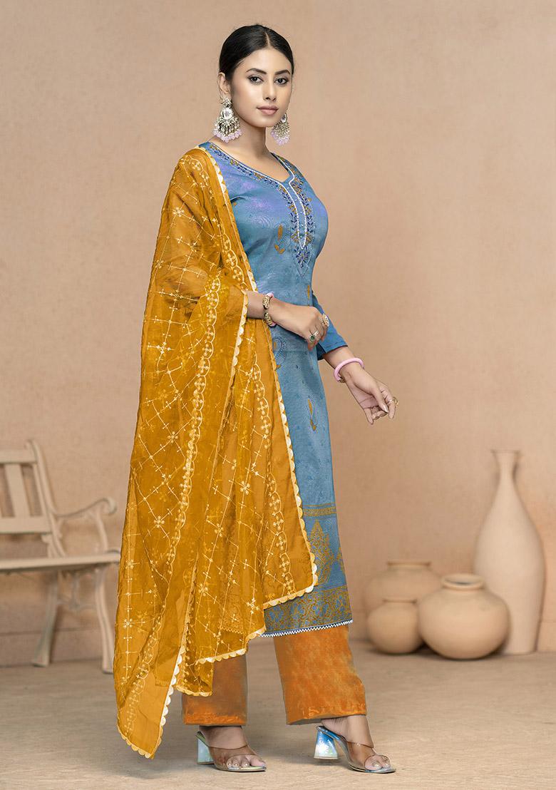 Royal Blue Printed Organza Dress Material