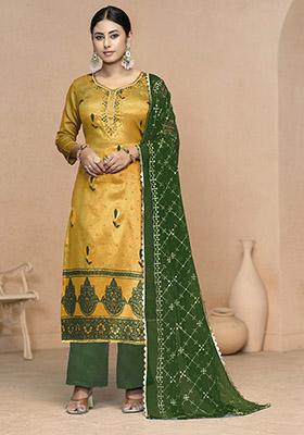 Yellow Embroidered Organza Dress Material