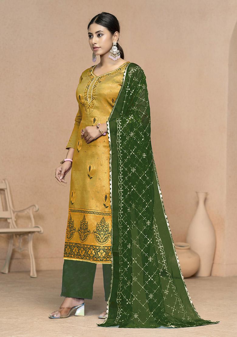 Yellow Embroidered Organza Dress Material