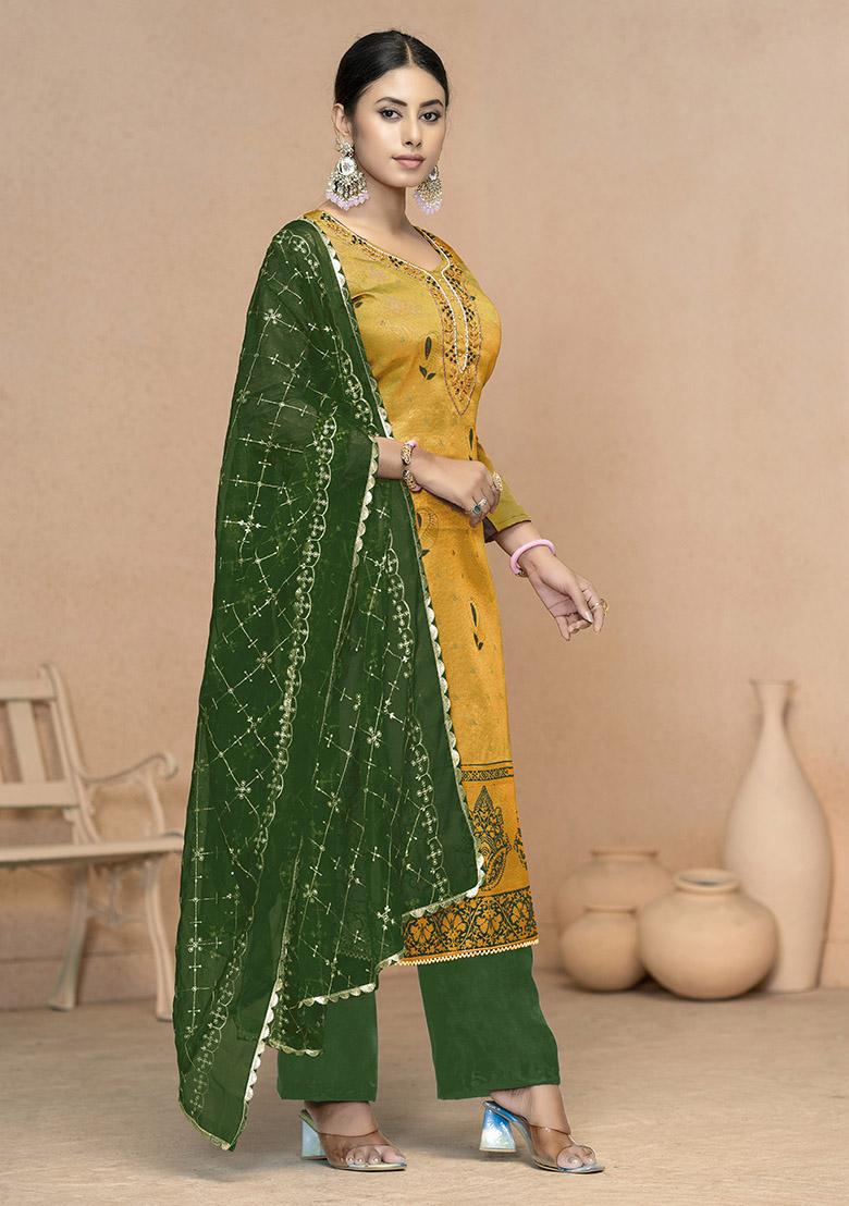 Yellow Embroidered Organza Dress Material