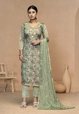 Grey Embroidered Organza Dress Material