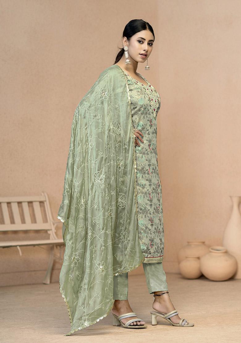 Grey Embroidered Organza Dress Material