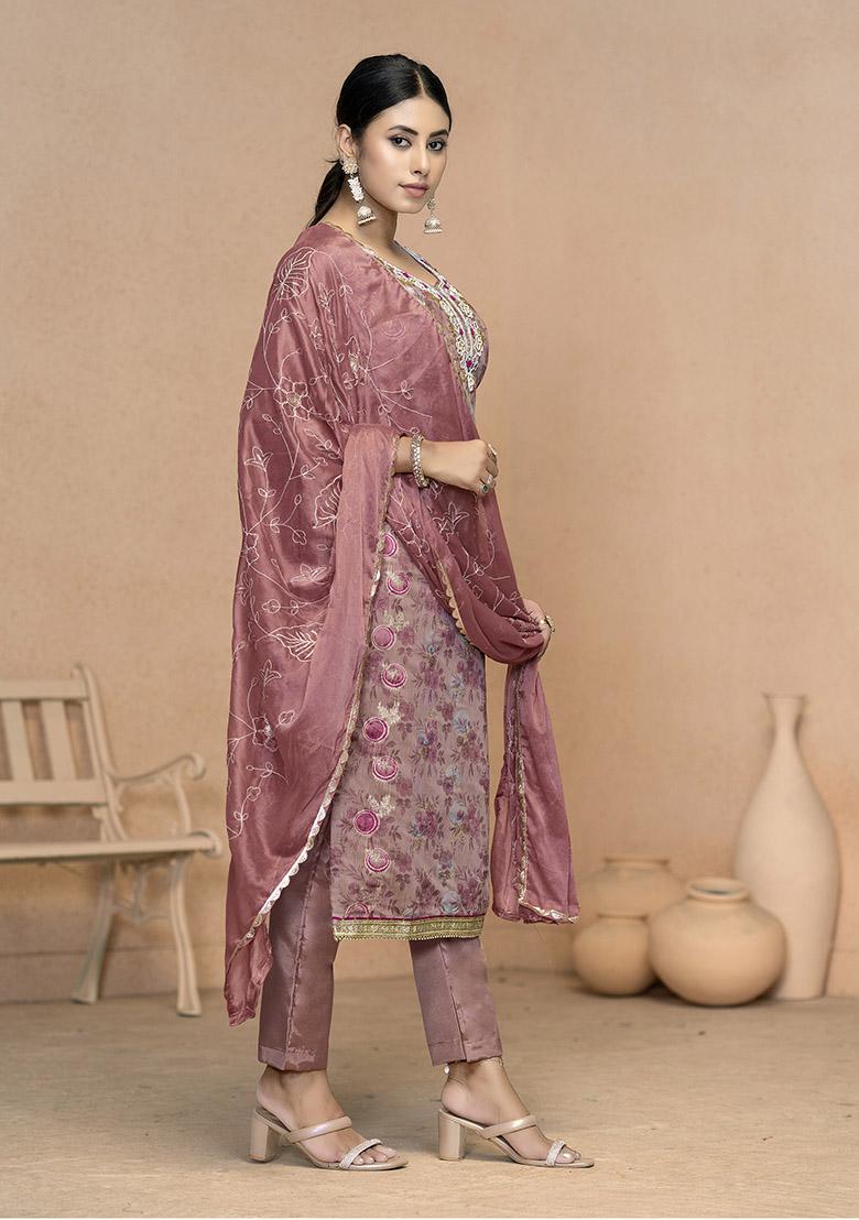 Peach Printed Organza Dress Material