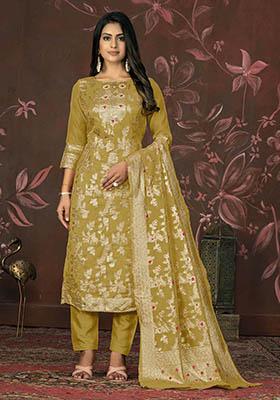 Mehendi Green Printed Organza Dress Material
