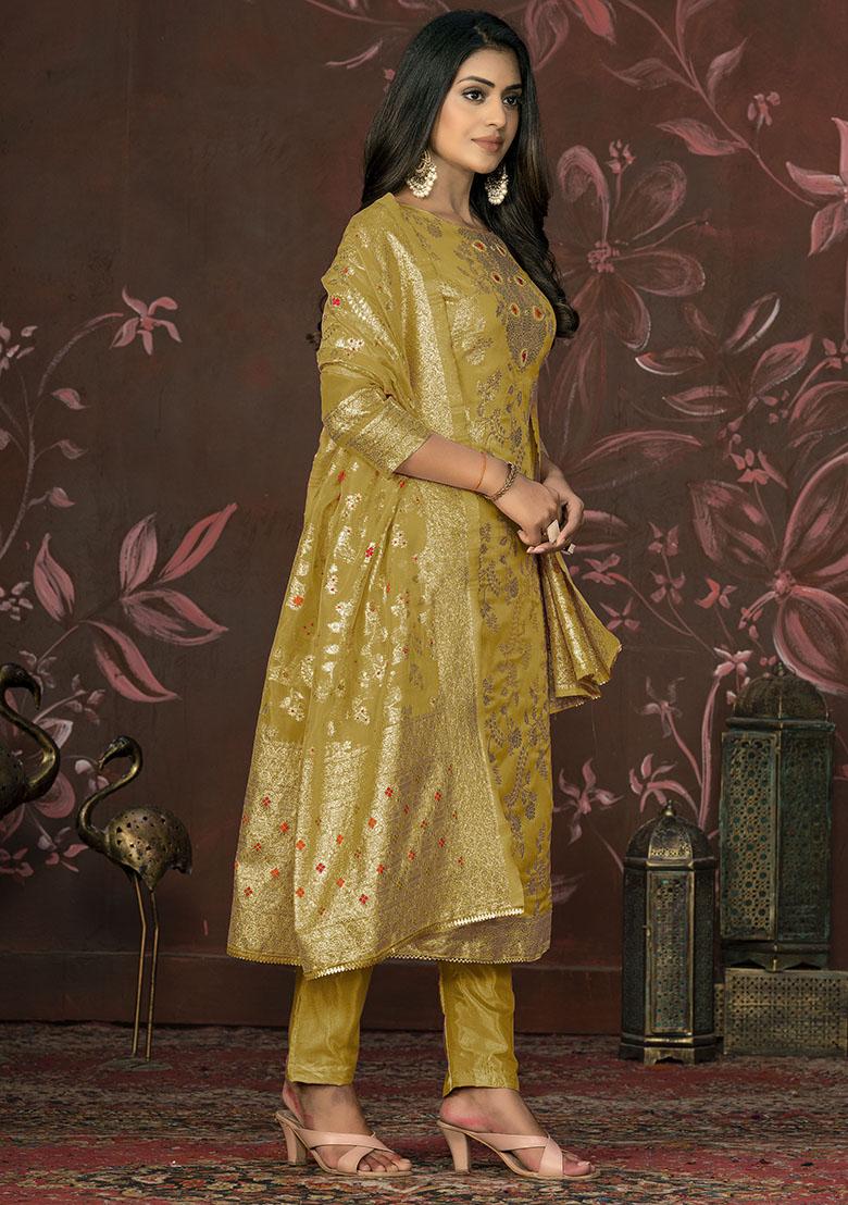 Mehendi Green Printed Organza Dress Material