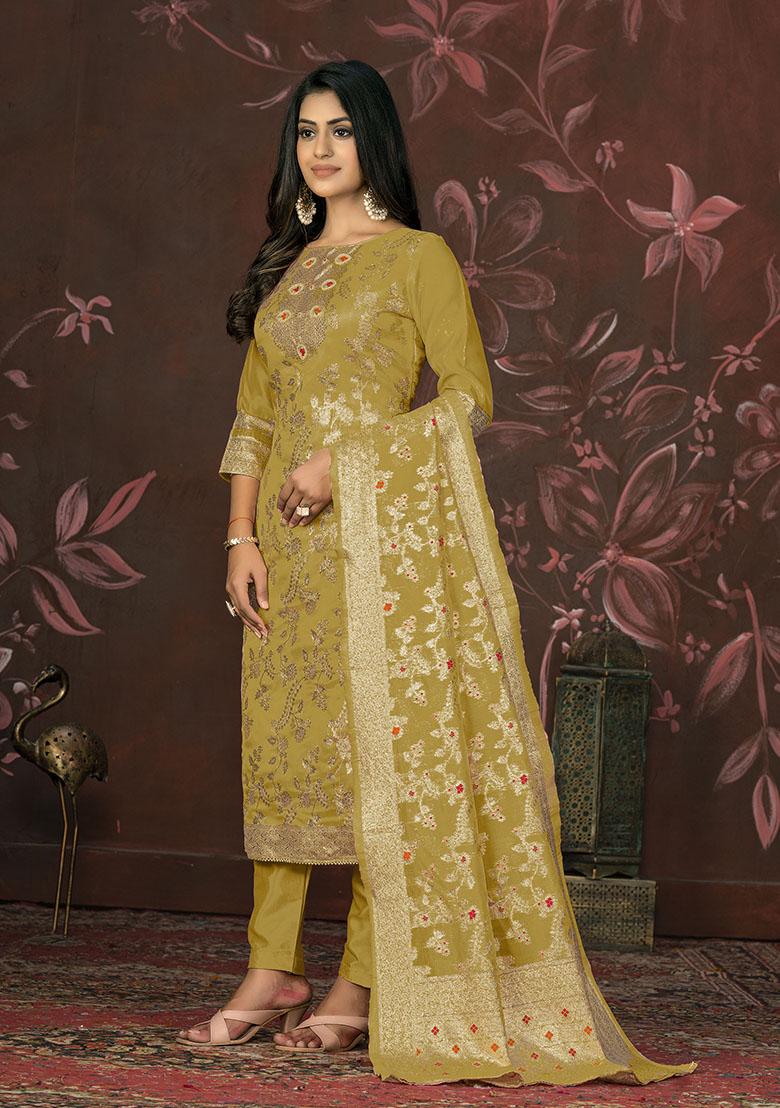 Mehendi Green Printed Organza Dress Material