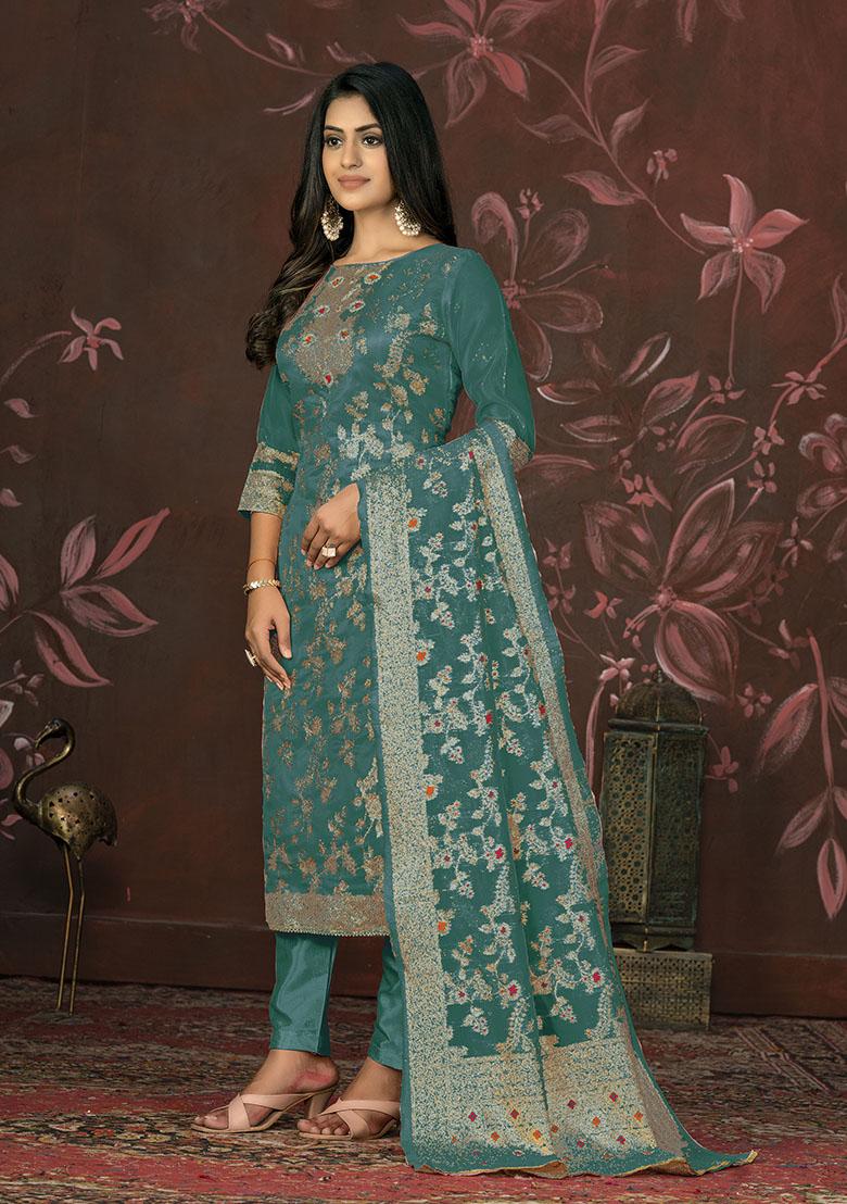 Rama Green Printed Organza Dress Material