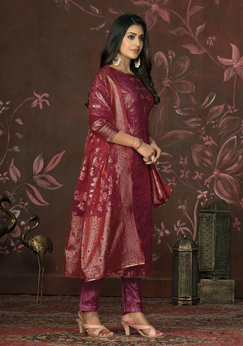 Peach Printed Organza Dress Material